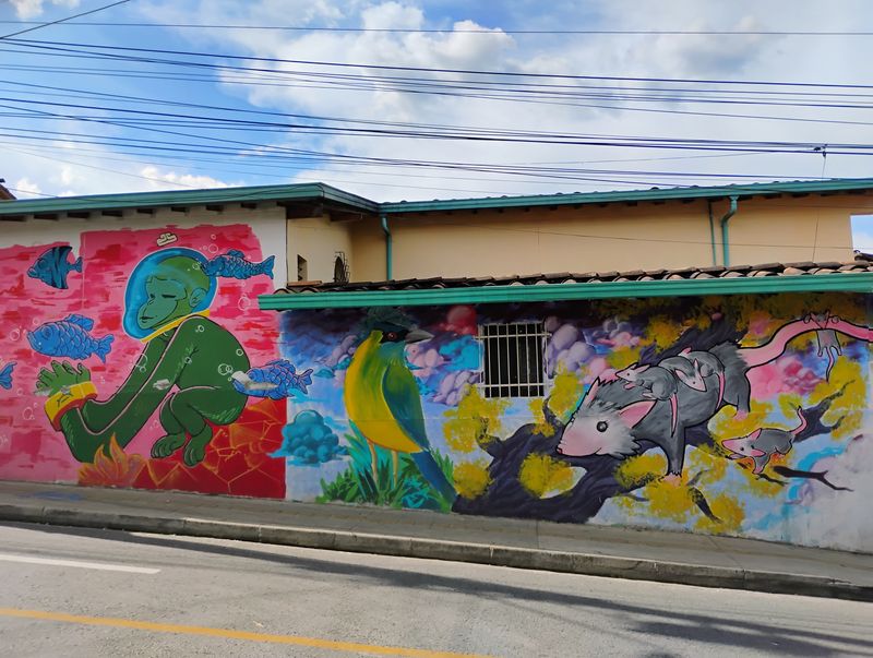 Mural callejero con un mono buceador, un ave y una zarig&uuml;eya con sus cr&iacute;as.